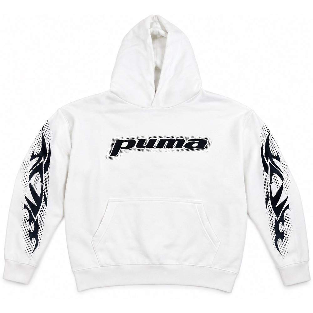 PUMA Hoodie Men's Médium White Pullover Sweatshirt Graphic Logo Kangaroo Pocket